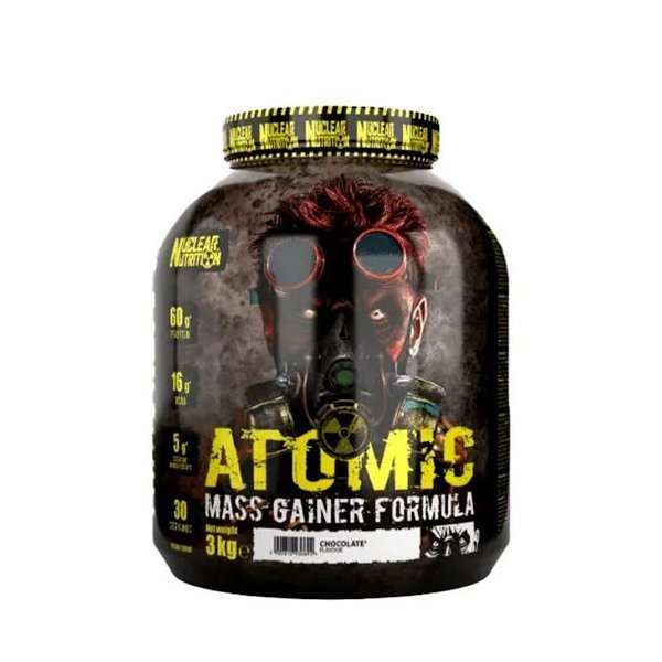 Nuclear Nutrition Atomic Mass Gainer 3kg is a chocolate-flavored mass gainer with creatine for muscle growth. The black container displays a graphic of a person in a gas mask. Brand: Nuclear Nutrition.