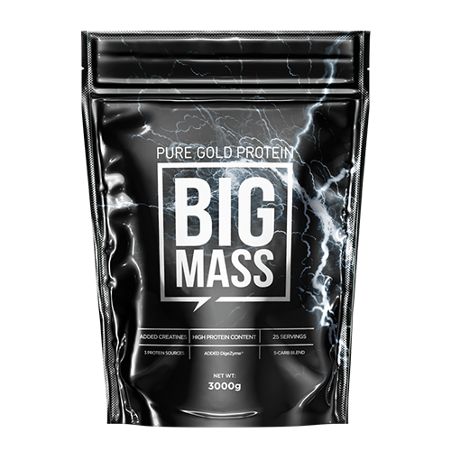 A sleek black pouch of Big Mass 3000g by Pure Gold Protein features lightning graphics and highlights its muscle gainer formula, high protein, added creatine, 25 servings, and a net weight of 3000g.