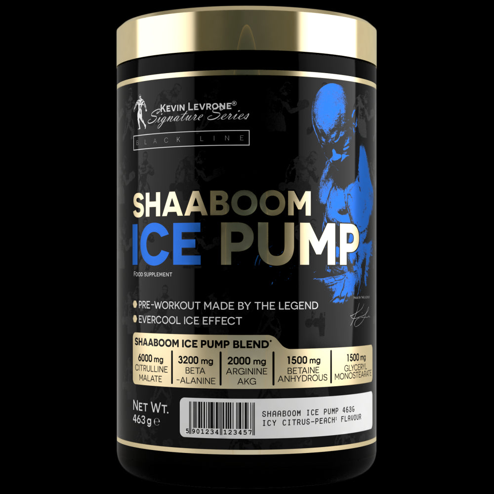 Shaaboom Ice Pump pre-workout supplement by Kevin Levrone, 50 servings, featuring citrulline malate and beta-alanine.