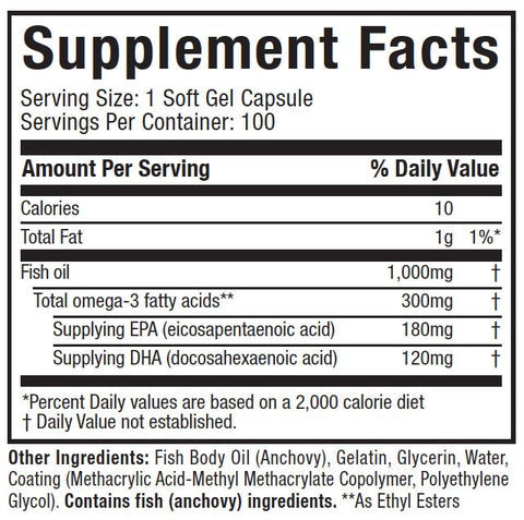 Supplement facts for MuscleTech Platinum 100% Fish Oil: Each softgel provides 10 calories, 1g fat, and 1000mg fish oil with omega-3s (180mg EPA, 120mg DHA). Other ingredients and daily values listed. Suitable for fish oil needs in Pakistan.