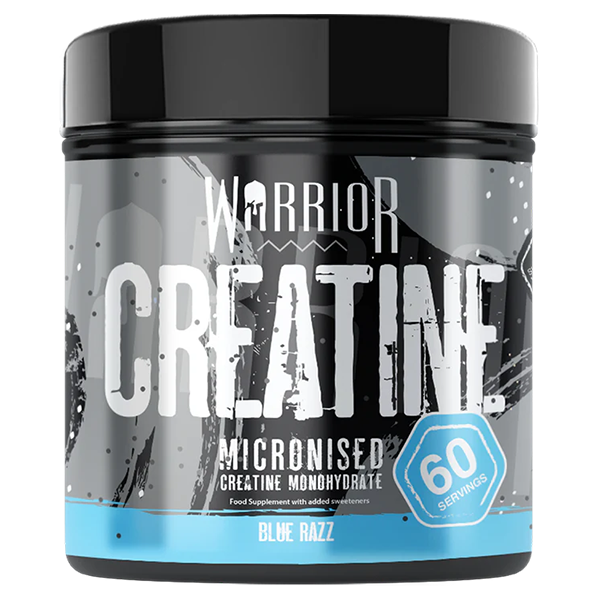 Warrior Creatine Micronized supplement container with Blue Razz flavor, 60 servings for muscle endurance and strength.