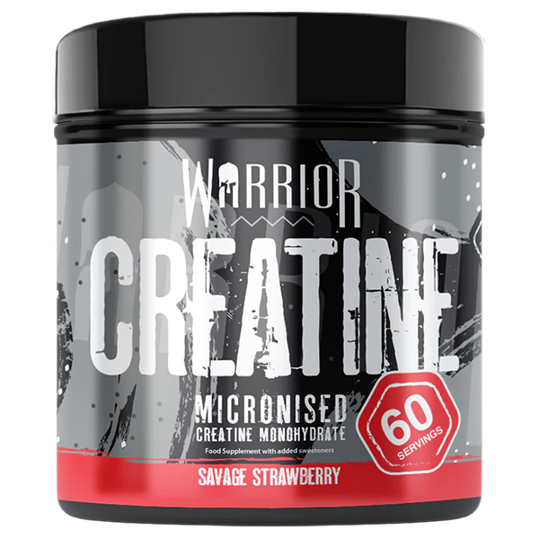 Warrior Creatine Micronized supplement container with Kiwi Strawberry flavor, 60 servings for muscle endurance and strength.