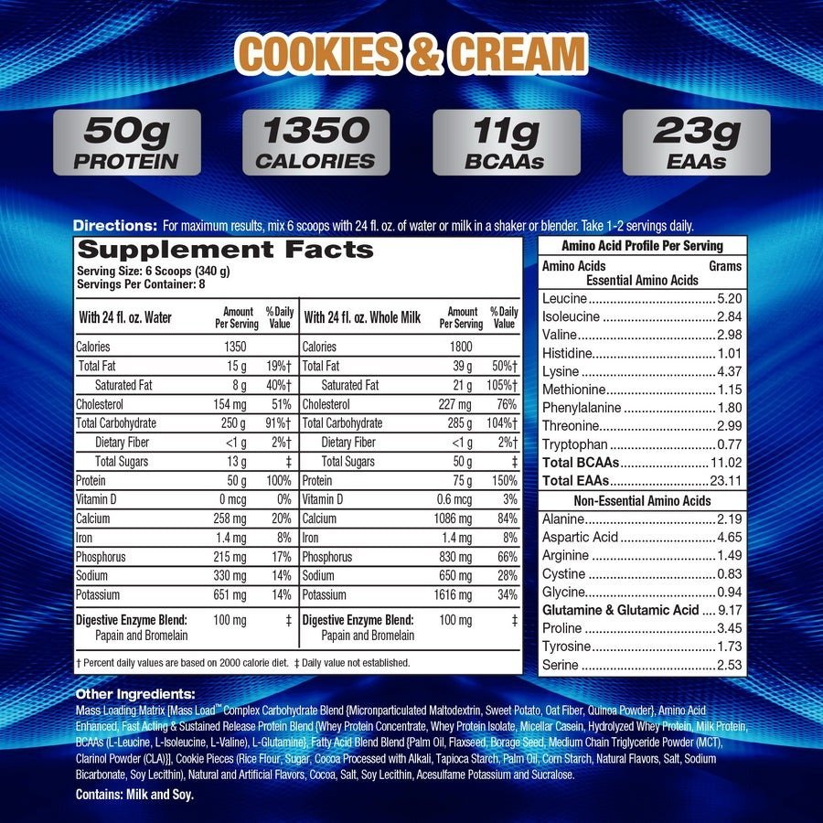 Supplement facts for MHP Up Your Mass XXXL 1350 6lbs