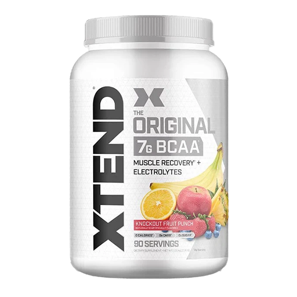 Container of XTEND BCAA supplement with lemon-lime flavor on a white background